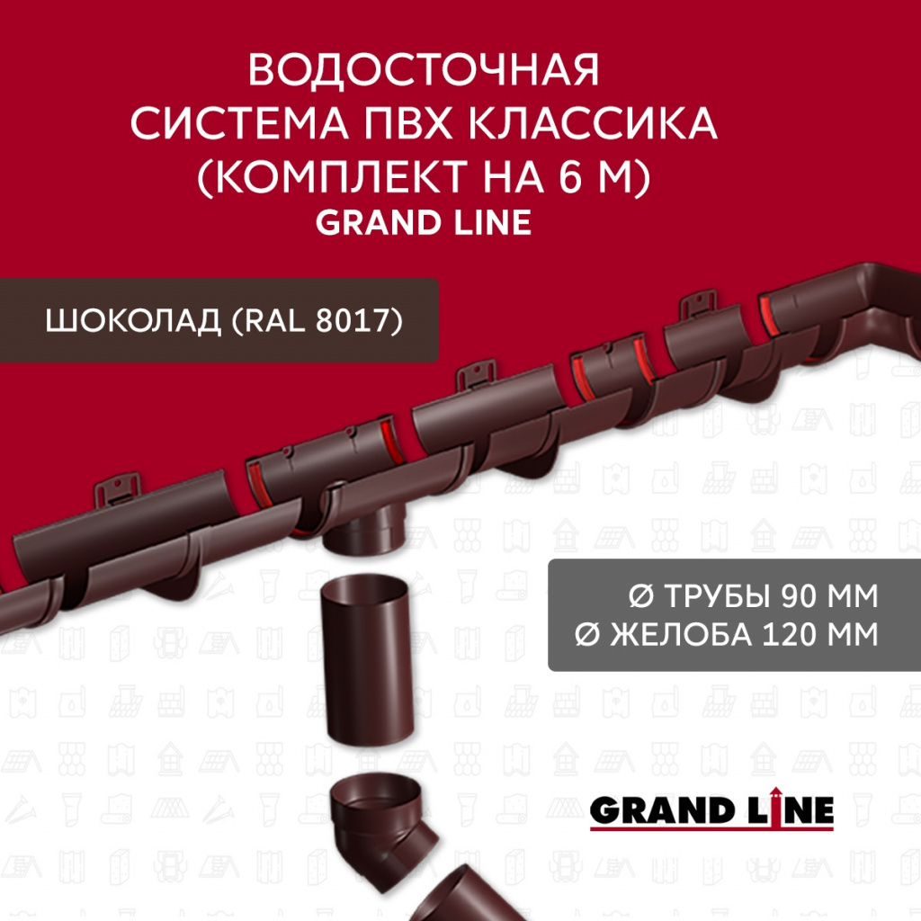 комплект водосточной системы 6 м/3 м d120 мм пвх grand line классика, шоколад