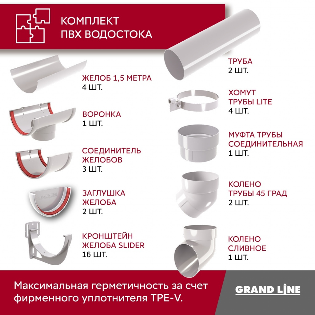 комплект водосточной системы 6 м/3 м d120 мм пвх grand line классика, белый