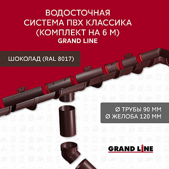 комплект водосточной системы 6 м/3 м d120 мм пвх grand line классика, шоколад